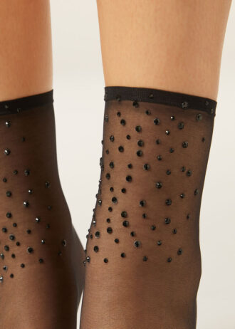 Doorschijnende korte sokken met strass-steentjes
