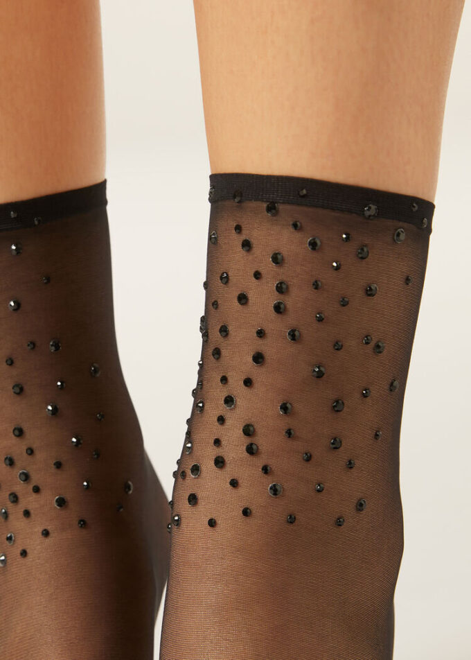 Doorschijnende korte sokken met strass-steentjes